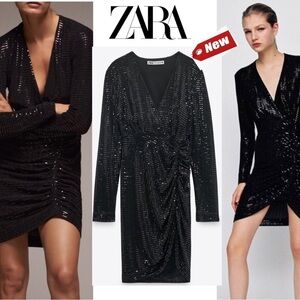 Zara black sequin long sleeve V-neck ruched mini dress sparkly Sz XS NWT